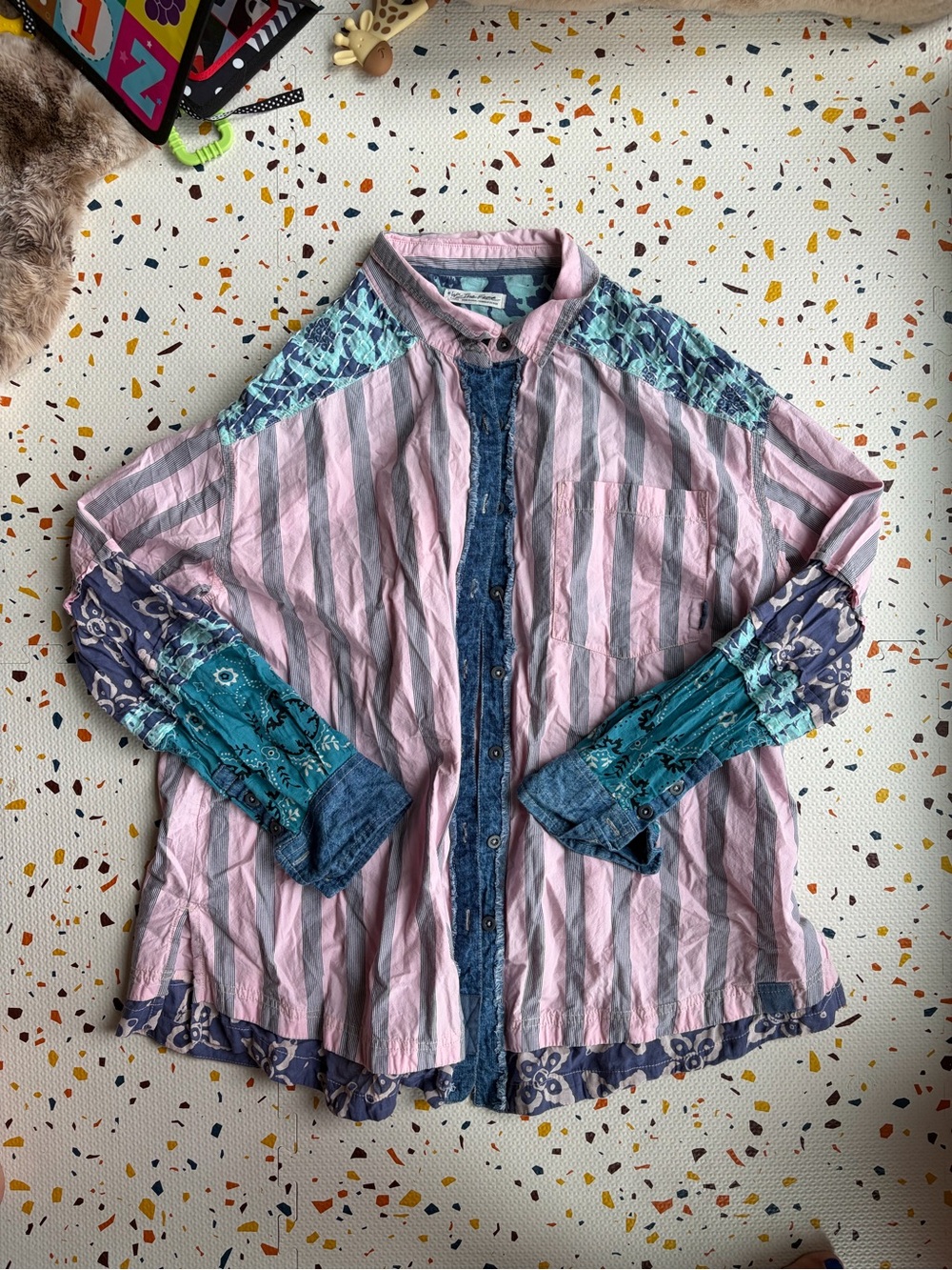Free People Pink Striped Patchwork Button-Down Shirt with Teal Accents